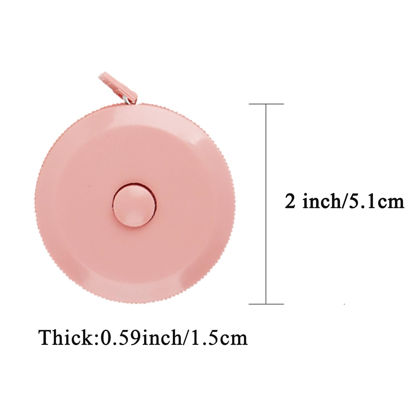Pink retractable tape measure shown from the side, with dimensions indicated.