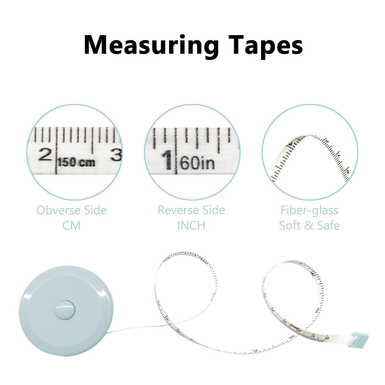 Collage showing a light blue retractable tape measure with dual-scale markings in CM and INCH, and text describing its features.