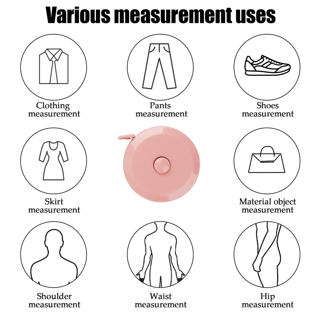 Pink retractable tape measure surrounded by icons illustrating various measurement uses for clothing, pants, shoes, and body parts.