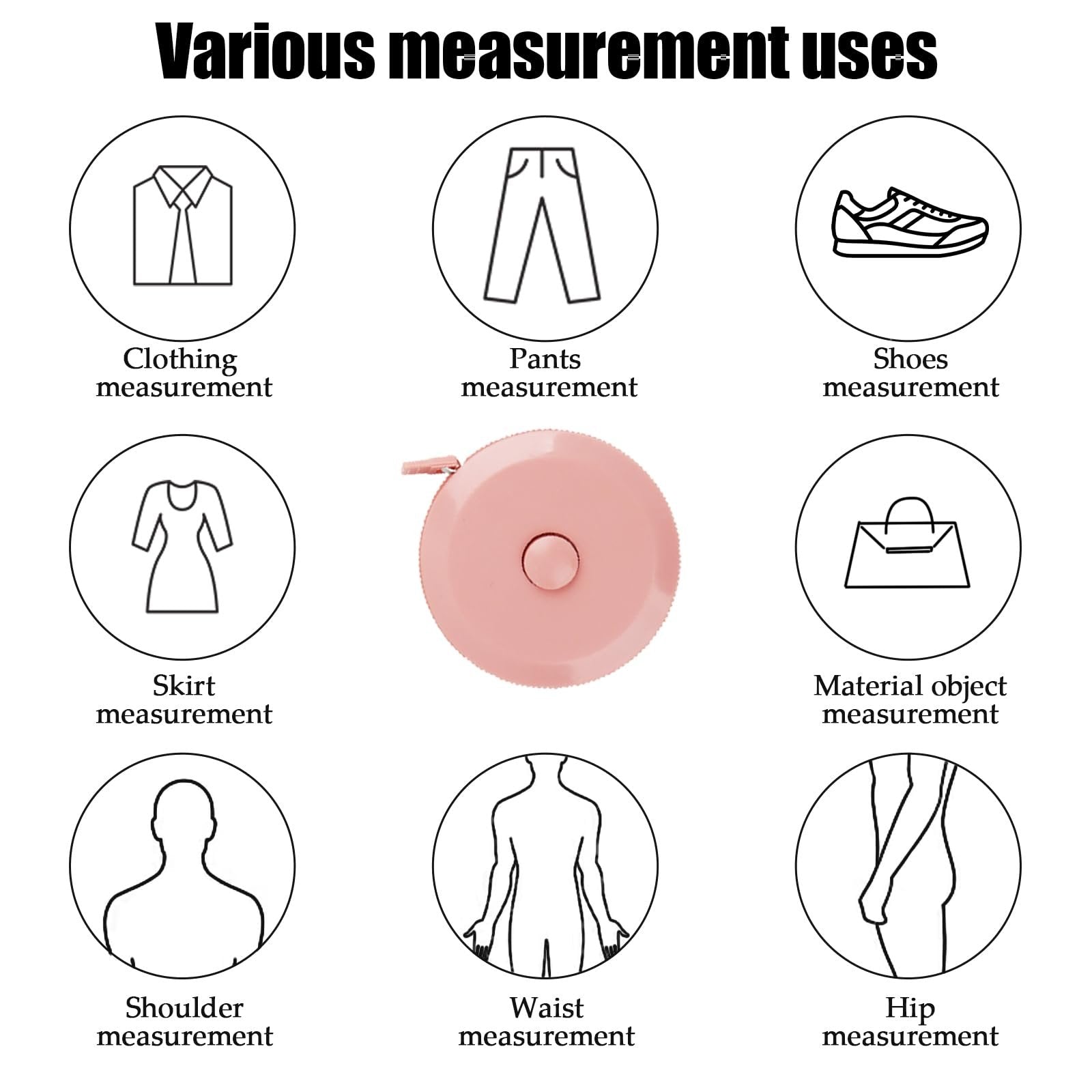 Pink retractable tape measure surrounded by icons illustrating various measurement uses for clothing, pants, shoes, and body parts.