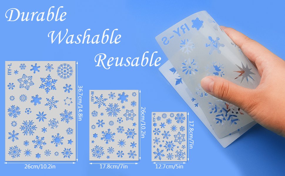 Three snowflake stencils in large, medium, and small sizes displayed against a blue background, with dimensions shown.