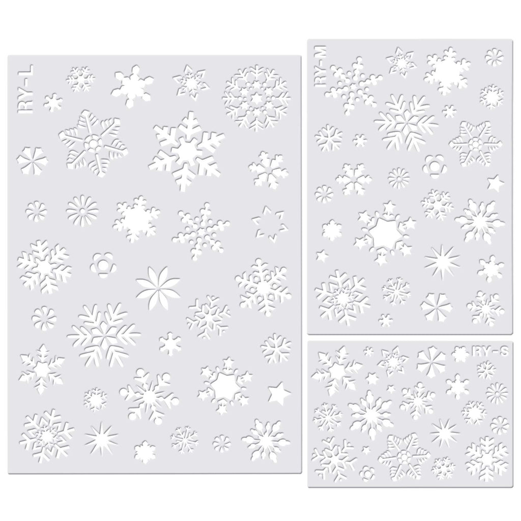 Three snowflake stencil templates in large, medium, and small sizes, featuring various snowflake designs on a light gray background.