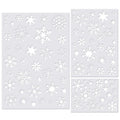 Three snowflake stencil templates in large, medium, and small sizes, featuring various snowflake designs on a light gray background.