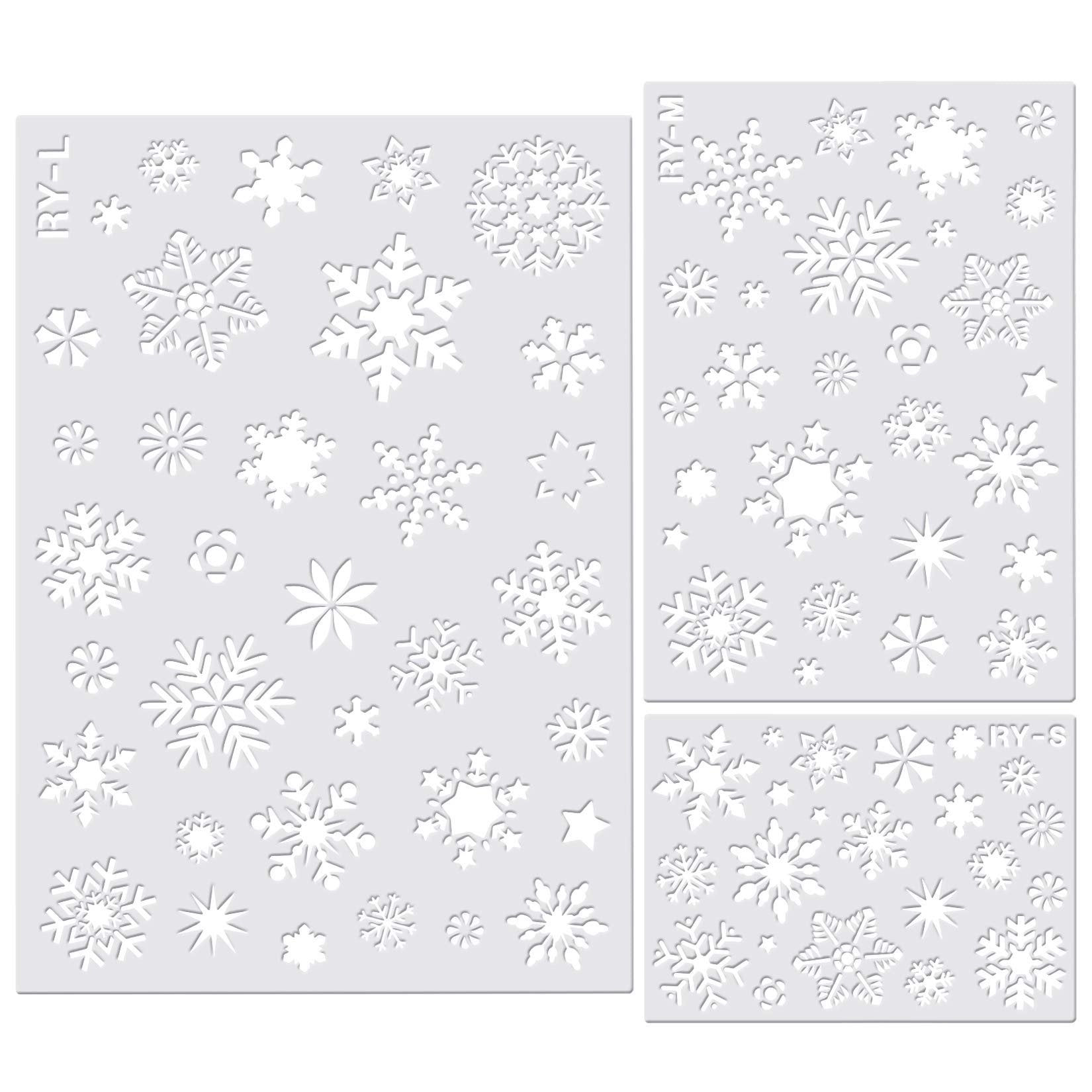 Three snowflake stencil templates in large, medium, and small sizes, featuring various snowflake designs on a light gray background.