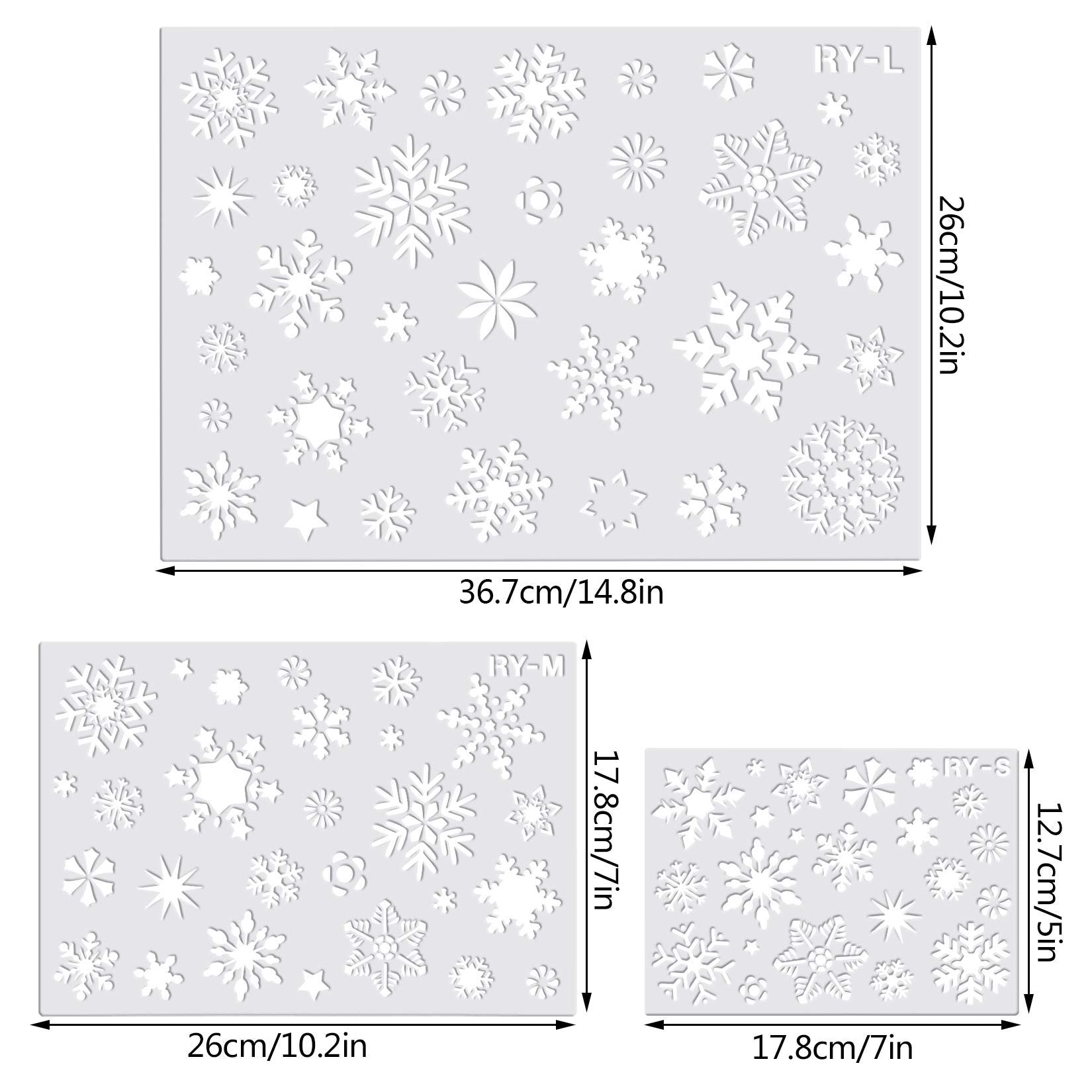 Three snowflake stencil sheets in large, medium, and small sizes, showing various snowflake designs and dimensions.