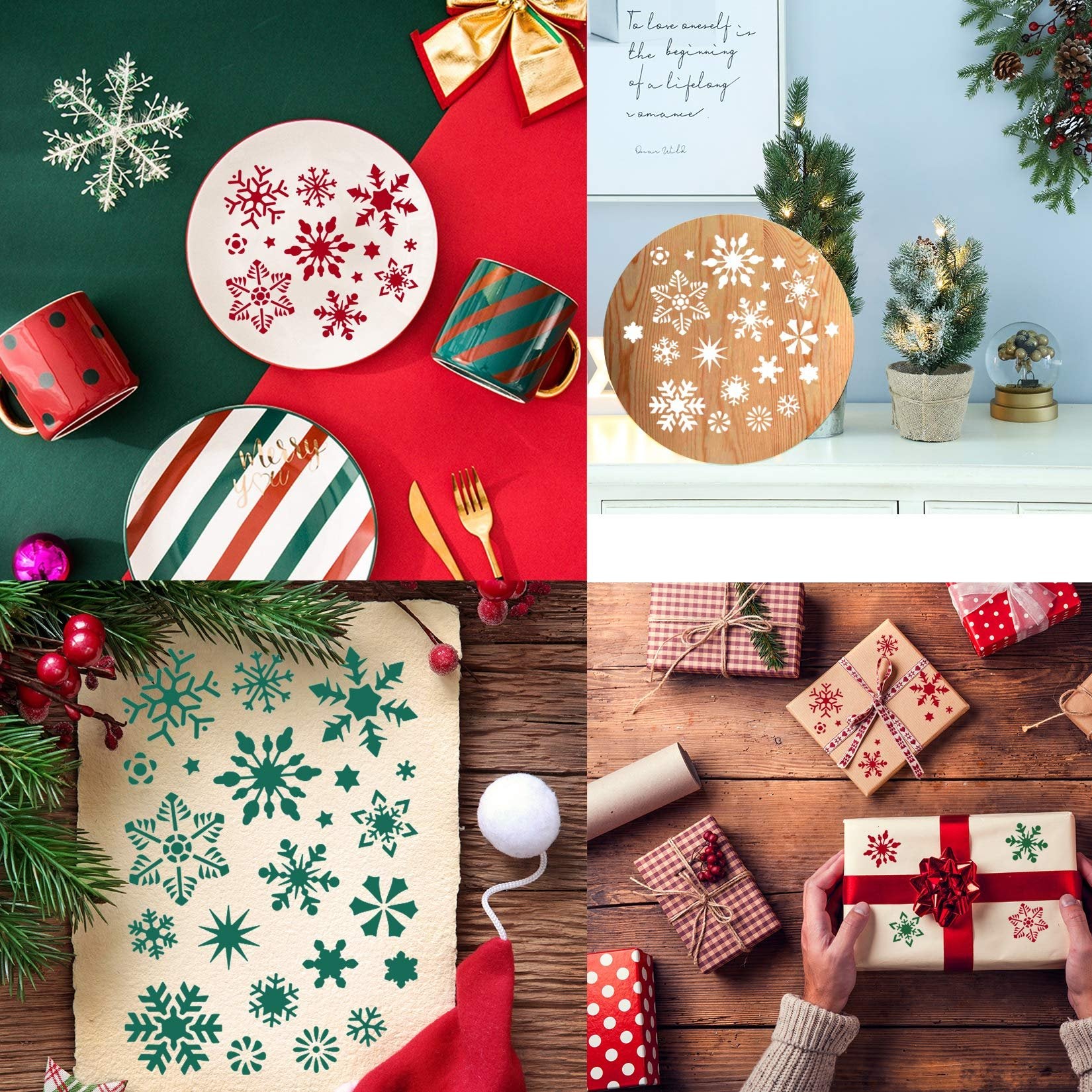 Collage of Christmas-themed crafts and decorations, including snowflake stencils on plates and paper, and decorated gift boxes.