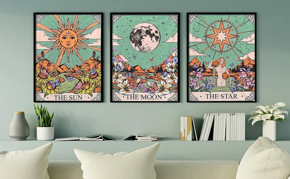 Three framed tarot-themed diamond art paintings depicting The Sun, The Moon, and The Star, displayed on a wall above a shelf.