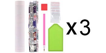 Diamond painting kit contents including a white tube, diamond bags, pink tool, green tray, and red square, with 'X3' indicating quantity.
