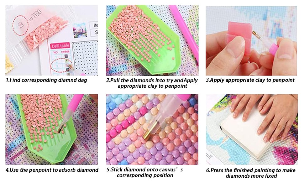 Diamond painting kit instructions showing 6 steps: finding diamond bags, filling tray, applying clay, picking diamonds, placing diamonds, and pressing finished painting.