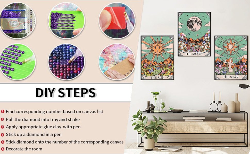 Diamond painting kit steps and finished tarot-themed wall art. Includes diamond sorting, application, and finished sun, moon, and star designs.
