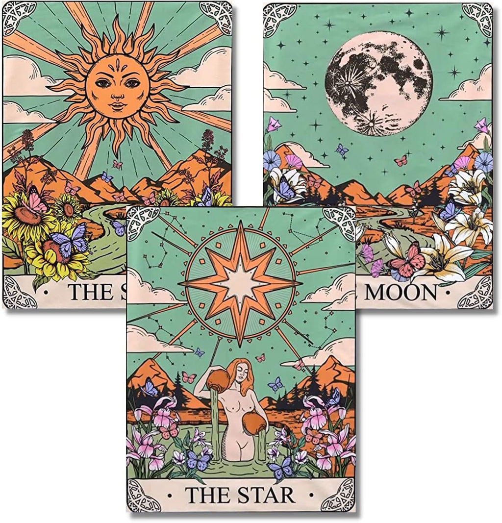 Three tarot-themed 5D diamond painting kits showing the Sun, Moon, and Star cards with floral and landscape elements.