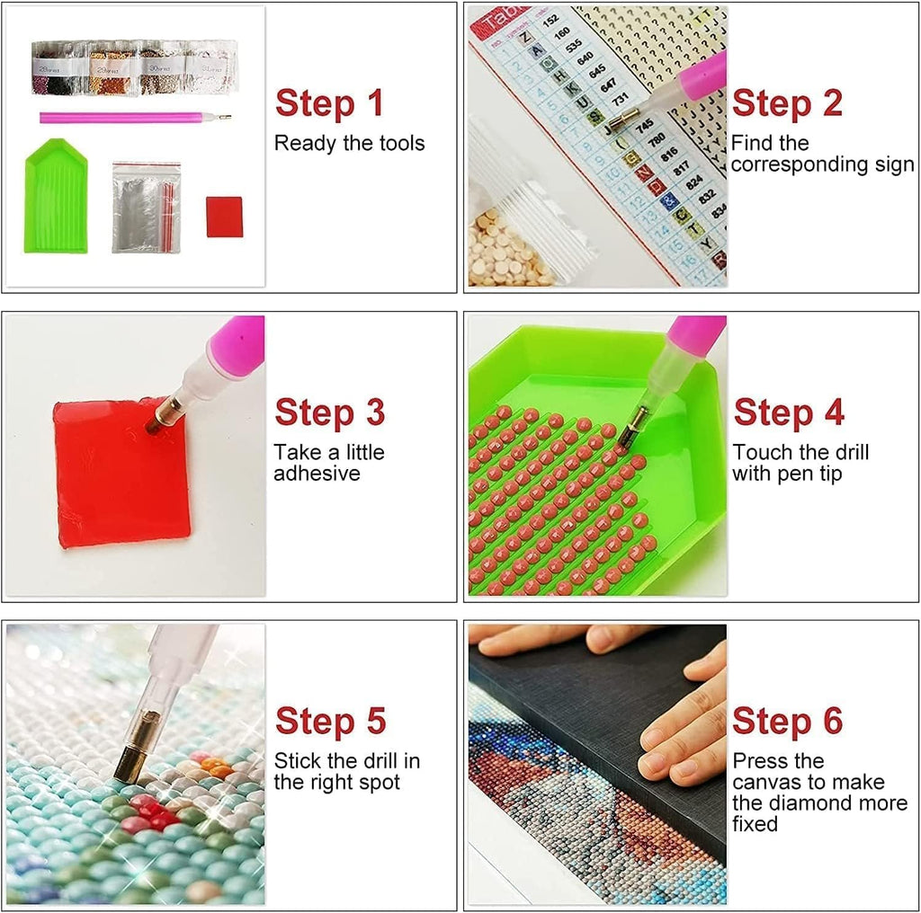 Diamond painting kit instructions showing 6 steps: tools, chart, adhesive, pen tip, sticking drill, and pressing canvas.