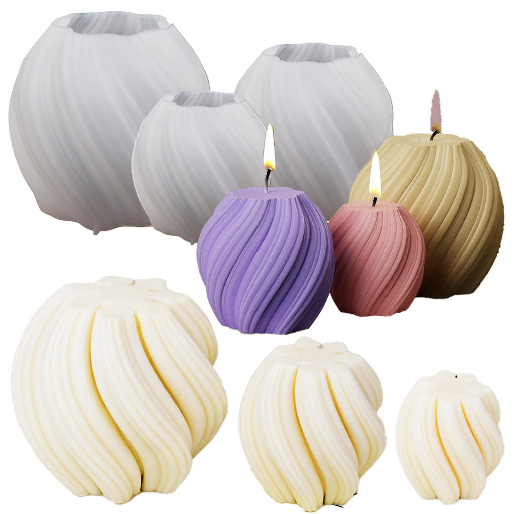 Set of silicone molds and finished candles in various sizes and colors, including white, purple, pink, and beige.