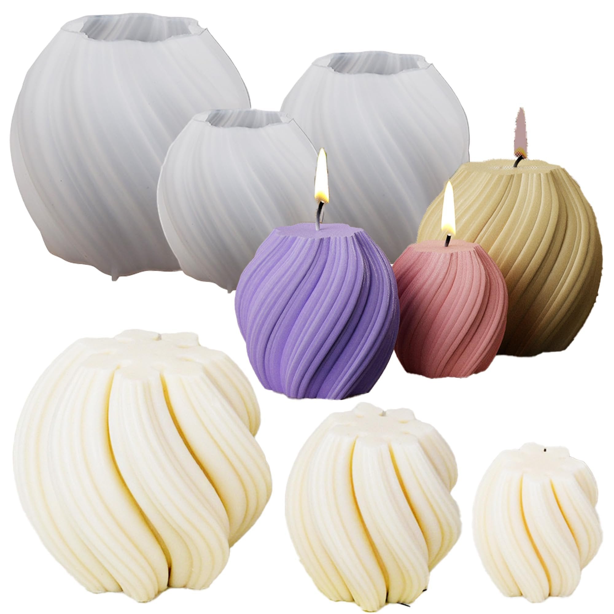 Set of silicone molds and finished candles in various sizes and colors, including white, purple, pink, and beige.