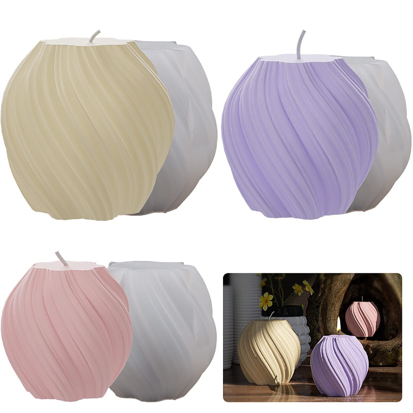 Four swirl-patterned candles in beige, lavender, pink, and white, with a lifestyle inset showing lit candles.