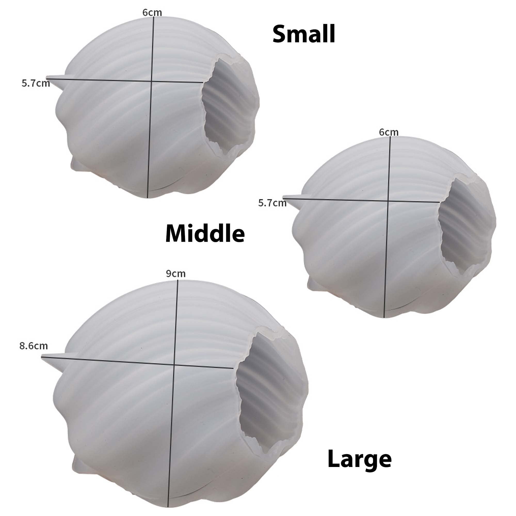 Three wave-shaped silicone molds for candle, soap, or resin casting, labeled Small, Middle, and Large with dimensions indicated.