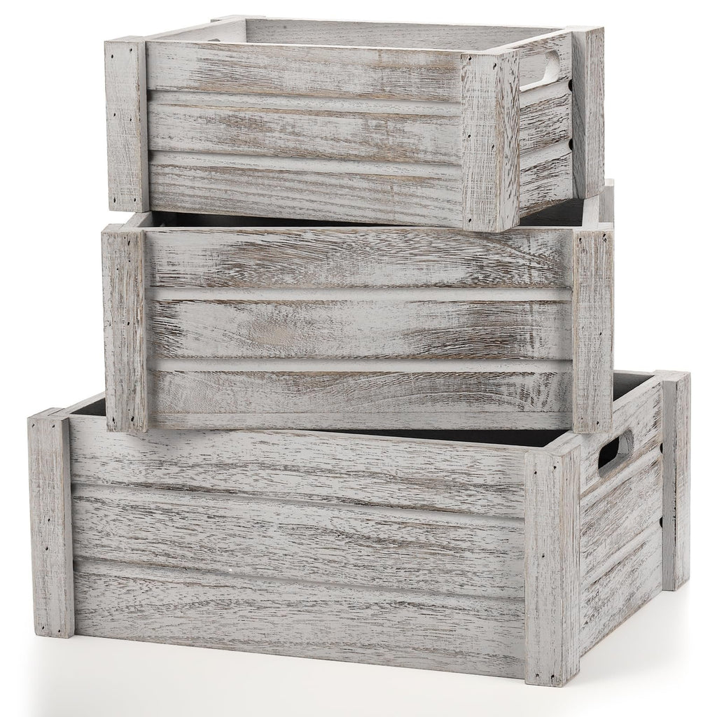 Three stacked rustic white wooden crates with handles, shown from the front three-quarter view on a white background.