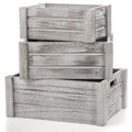 Three stacked rustic white wooden crates with handles, shown from the front three-quarter view on a white background.