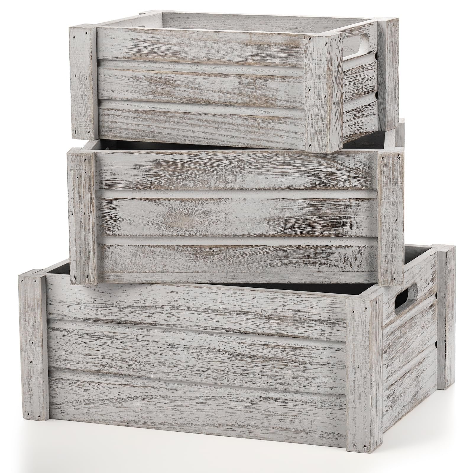 Three stacked rustic white wooden crates with handles, shown from the front three-quarter view on a white background.