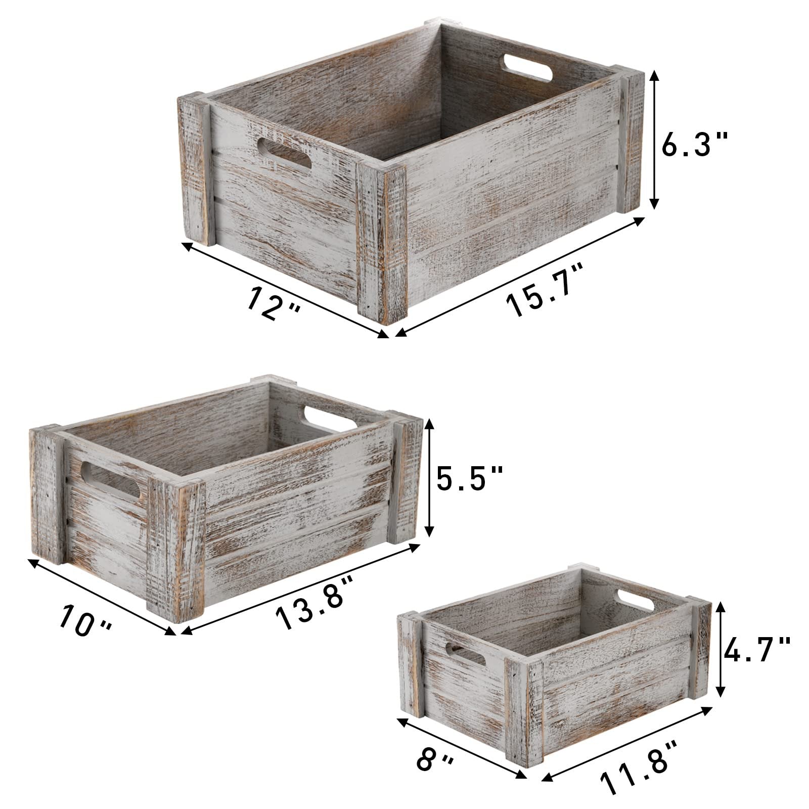 Three rustic wooden crates with handles, shown with dimensions indicated by measurement lines and numbers.