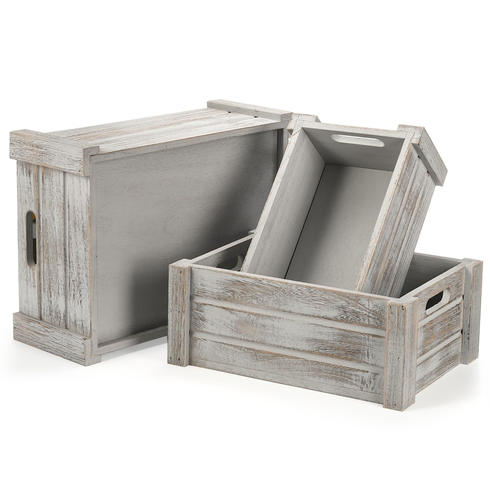 Three rustic wooden crates with handles, two nested inside each other, on a white background.