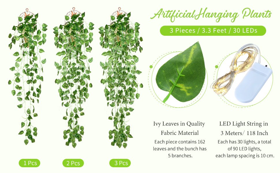 Three artificial purple ivy vines with fairy lights and close-ups of a leaf and LED string