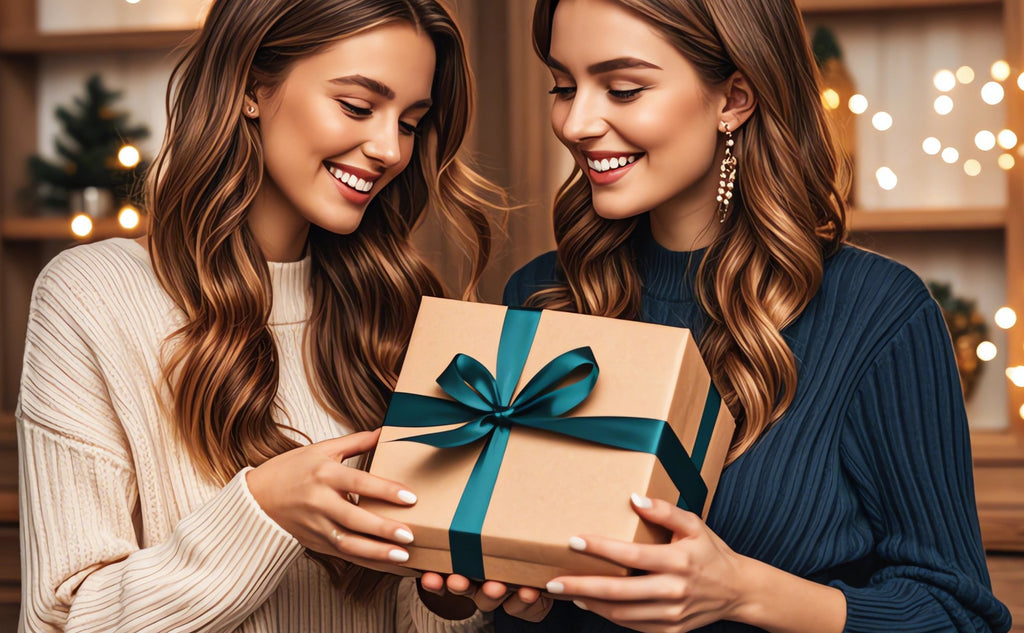 Two smiling women holding a gift-wrapped box with a teal ribbon, festive lights in background.
