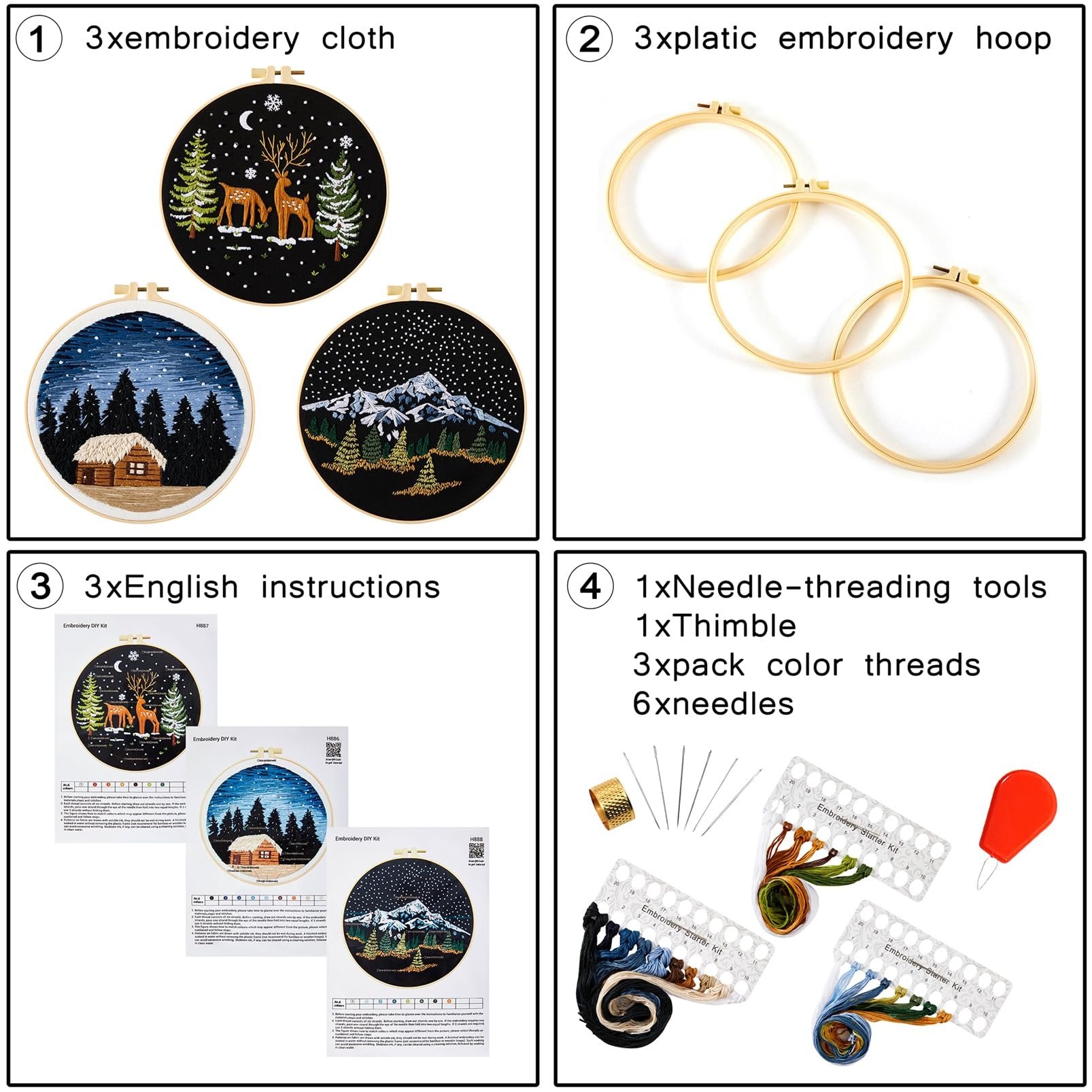 Embroidery starter kit contents including embroidered cloths, hoops, instructions, threads, needles, and tools.