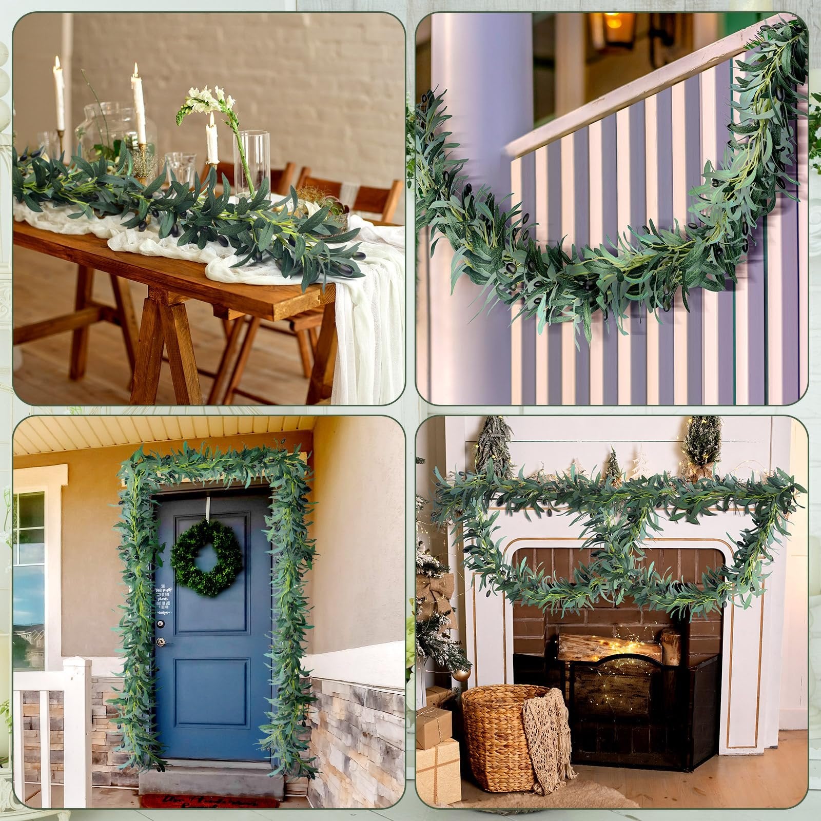 Artificial olive leaf garland with faux fruits draped on a dining table, porch door, and fireplace mantel.