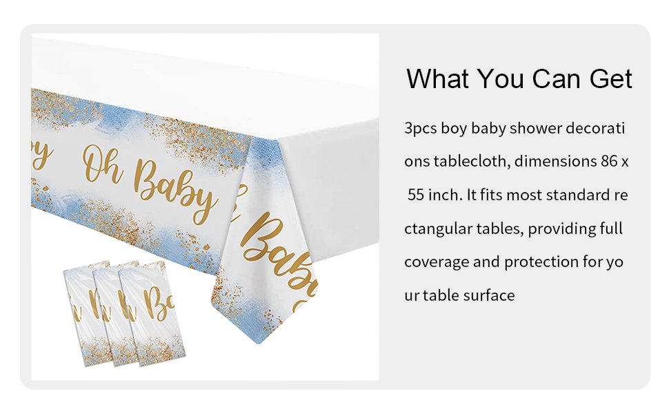 Dusty blue and gold baby shower tablecloth with 'Oh Baby' text, shown on a table with three folded tablecloths beside it.