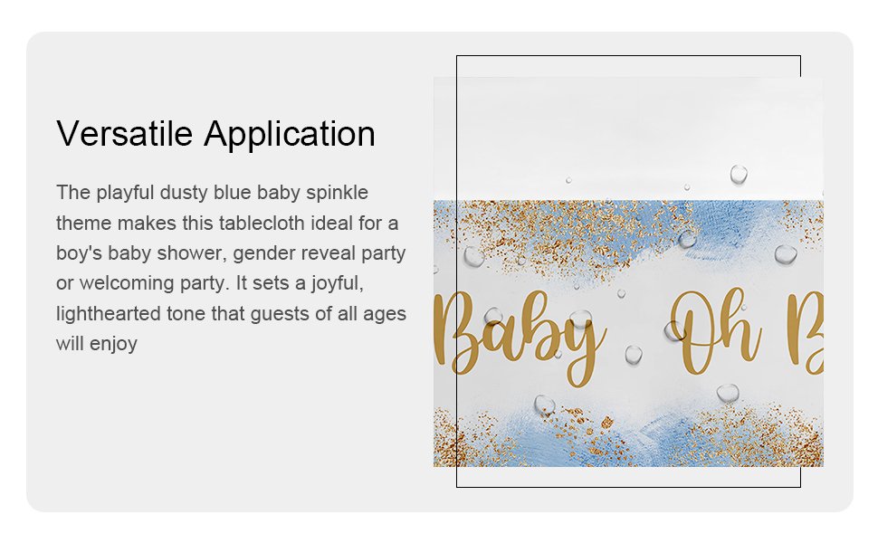 Dusty blue baby shower tablecloth with gold glitter and 'Baby Oh Baby' text, shown with application description.