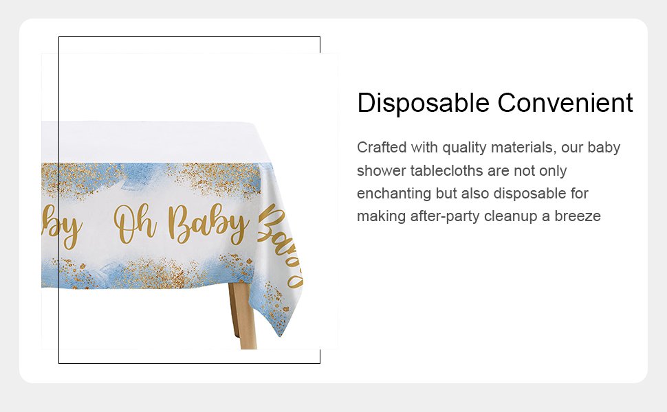 Dusty blue baby shower tablecloth with gold 'Oh Baby' text draped over a table