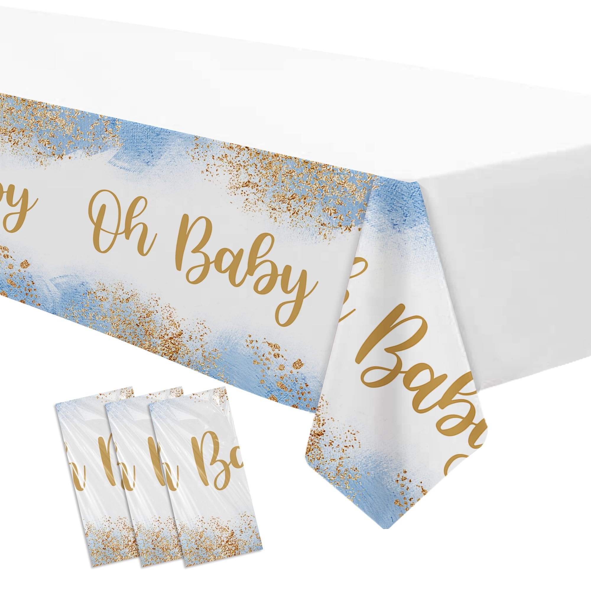 Dusty blue baby shower tablecloth with gold glitter accents and 'Oh Baby' text, shown draped over a table with three individually wrapped tablecloths in the foreground.