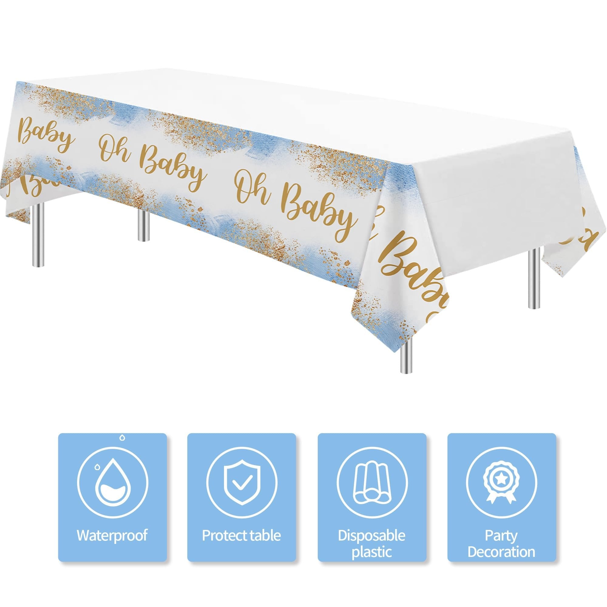 Dusty blue and gold glitter baby shower tablecloth on a table, with four feature icons below.