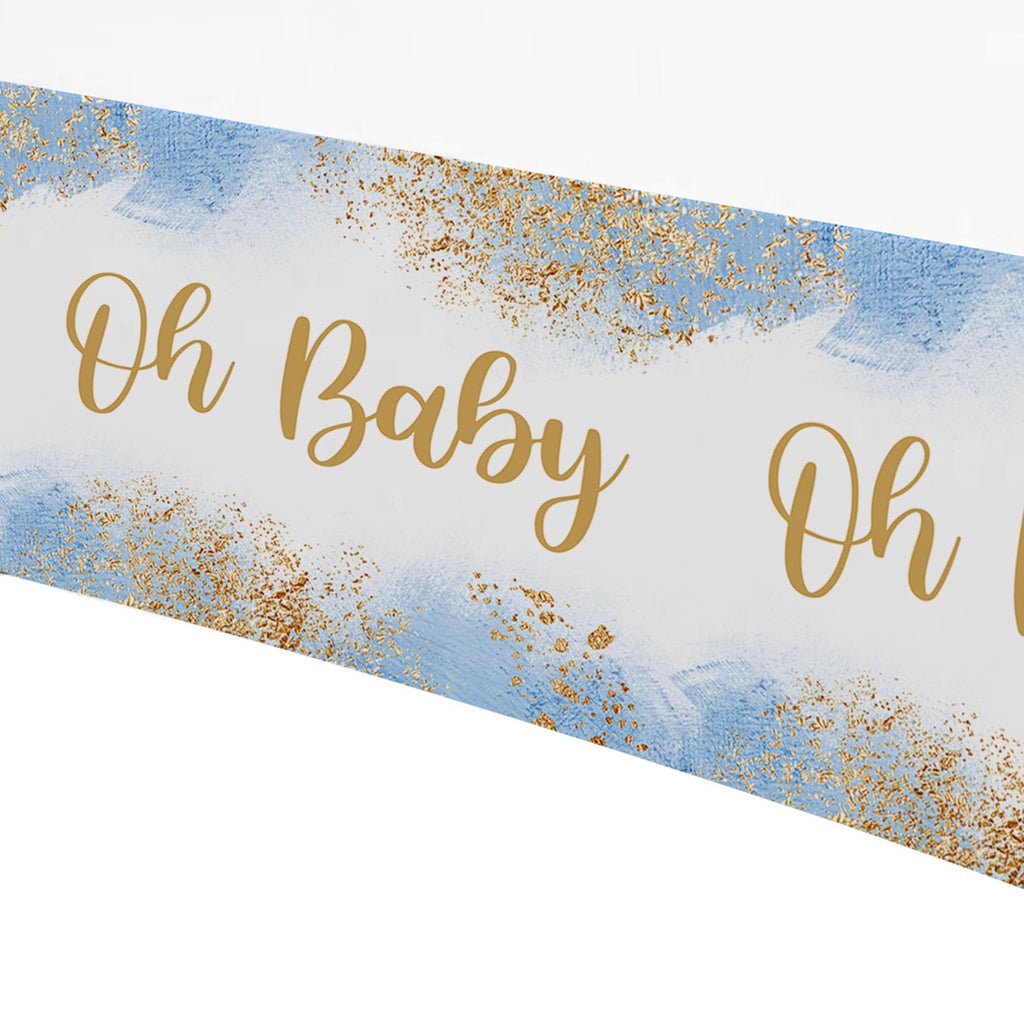 Dusty blue and gold glitter baby shower tablecloth with 'Oh Baby' text