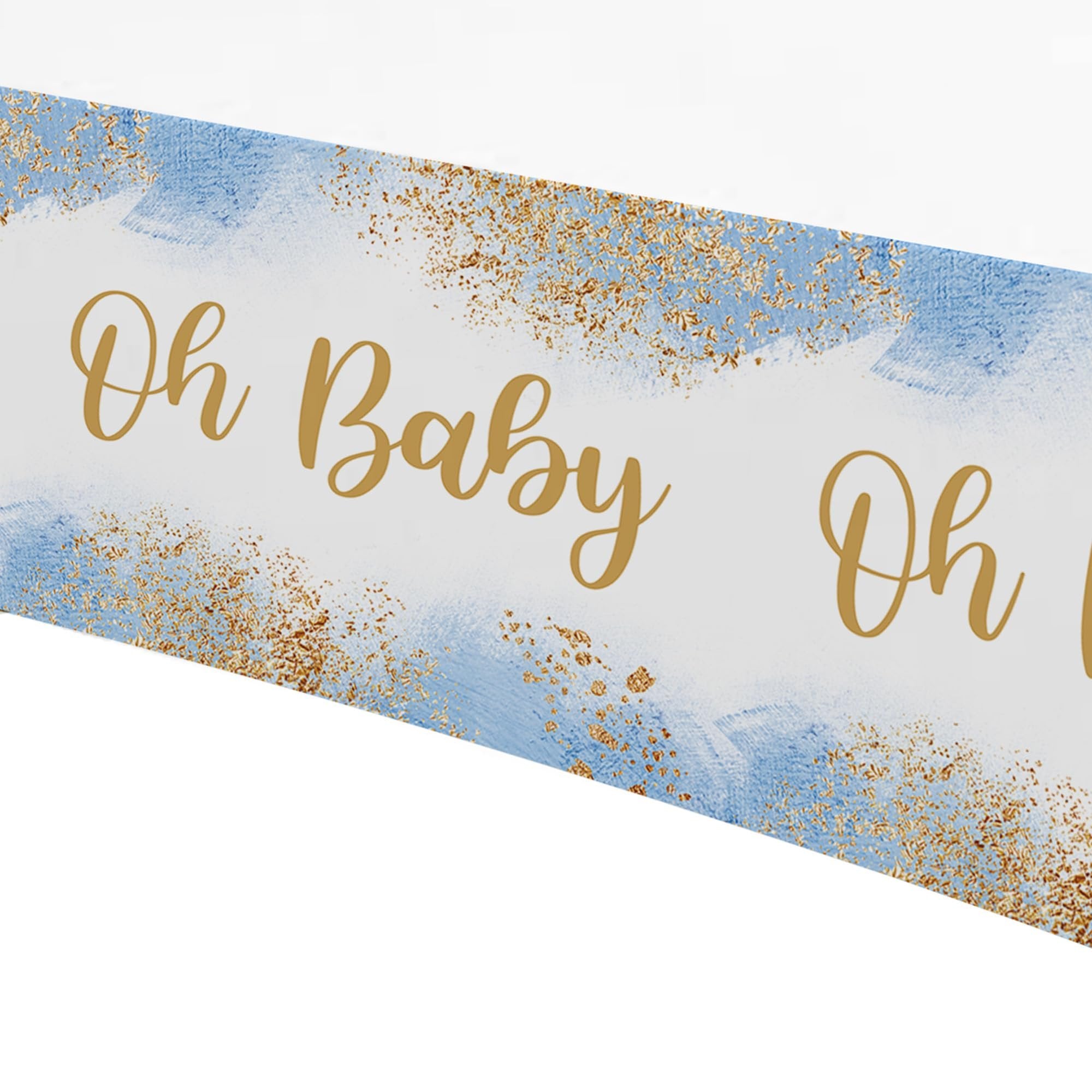 Dusty blue and gold glitter baby shower tablecloth with 'Oh Baby' text