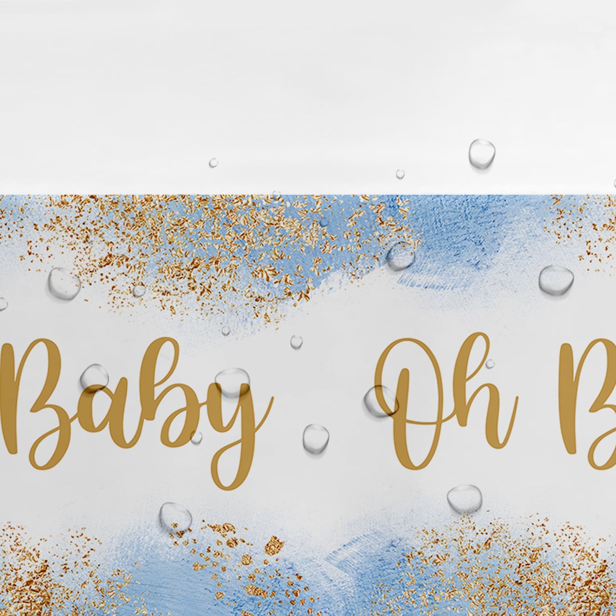 Dusty blue and gold glitter baby shower tablecloth with 'Baby Oh Baby' text