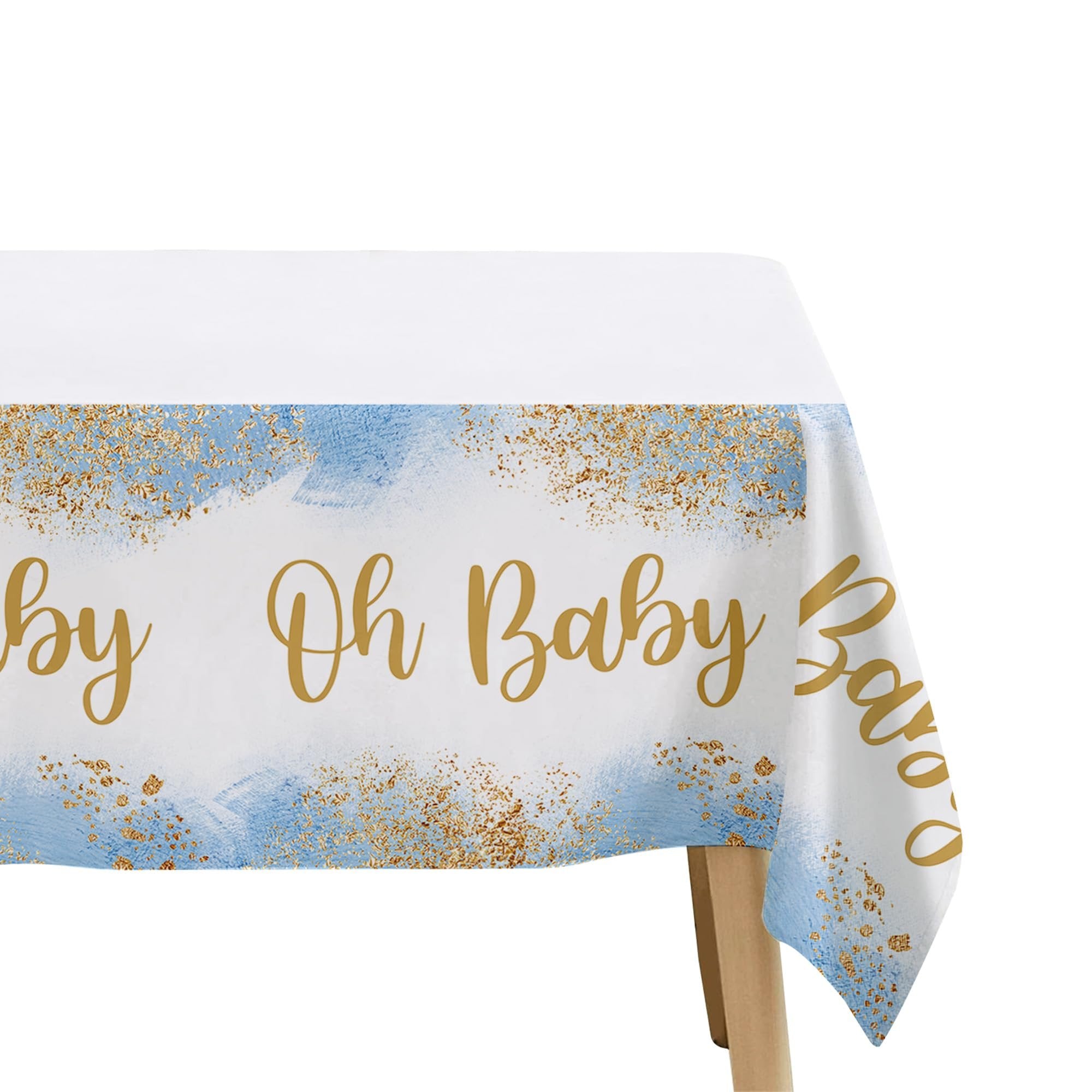 Dusty blue and gold glitter baby shower tablecloth draped over a table