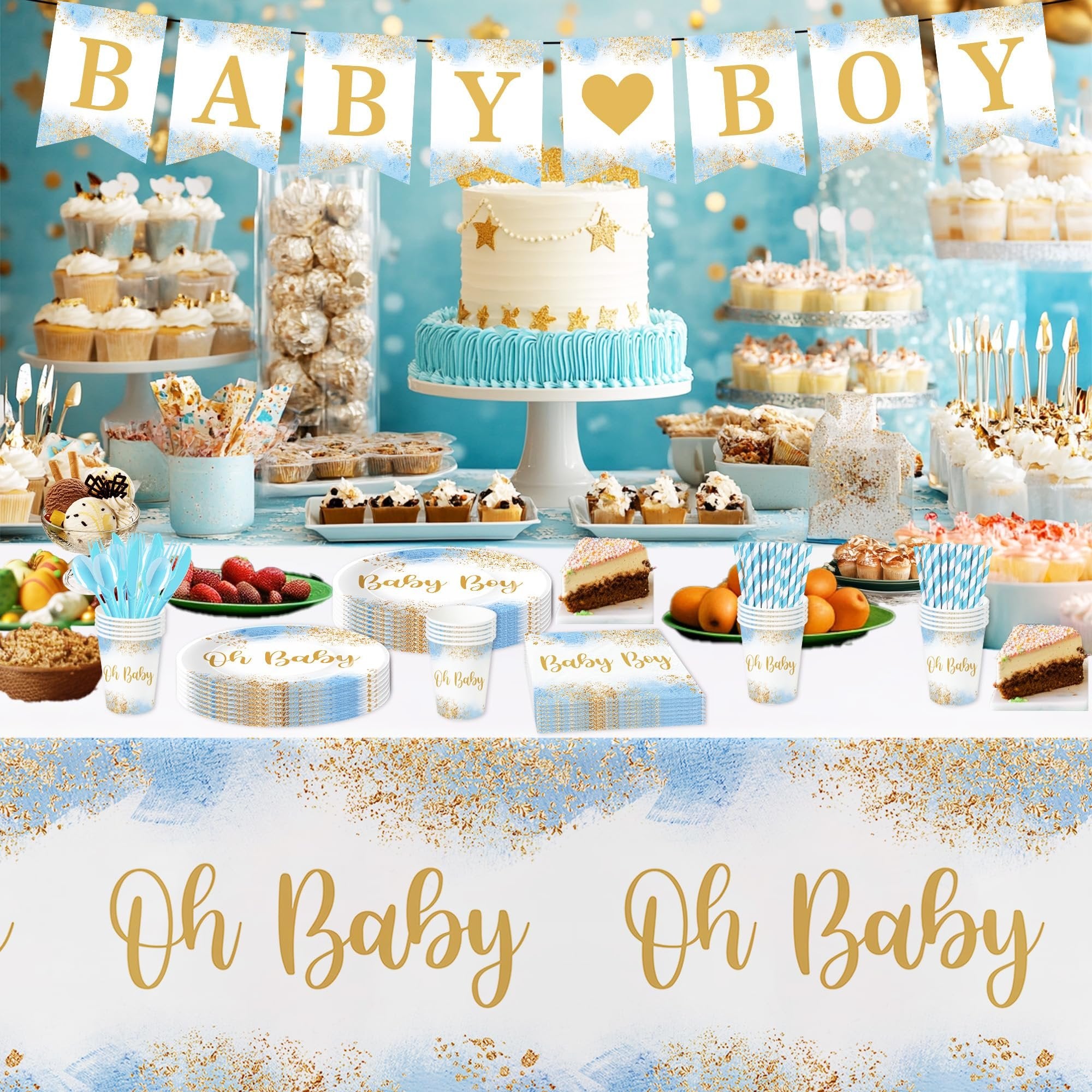 Dusty blue and gold baby shower party table setting with cake, cupcakes, and tableware.