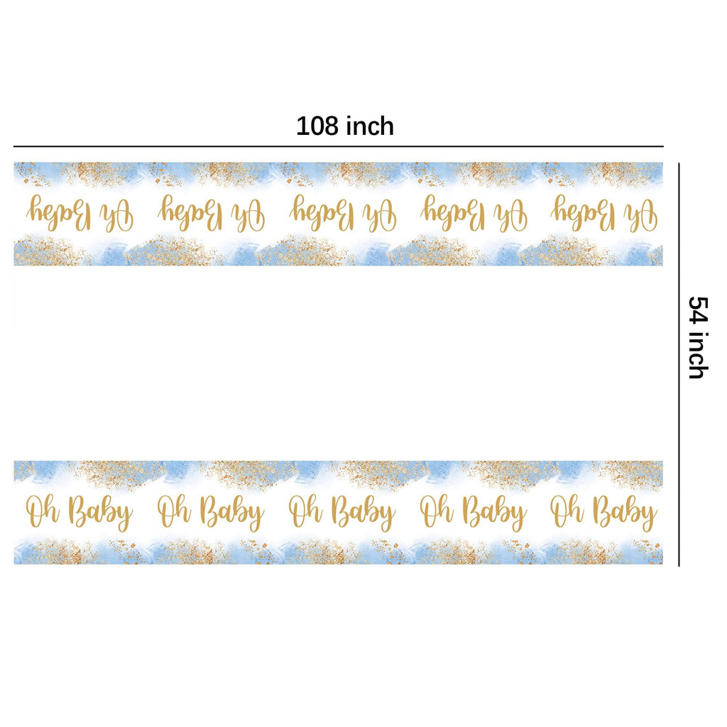 Dusty blue and gold glitter baby shower tablecloth with 'Oh Baby' text, showing dimensions 108 inches and 54 inches.
