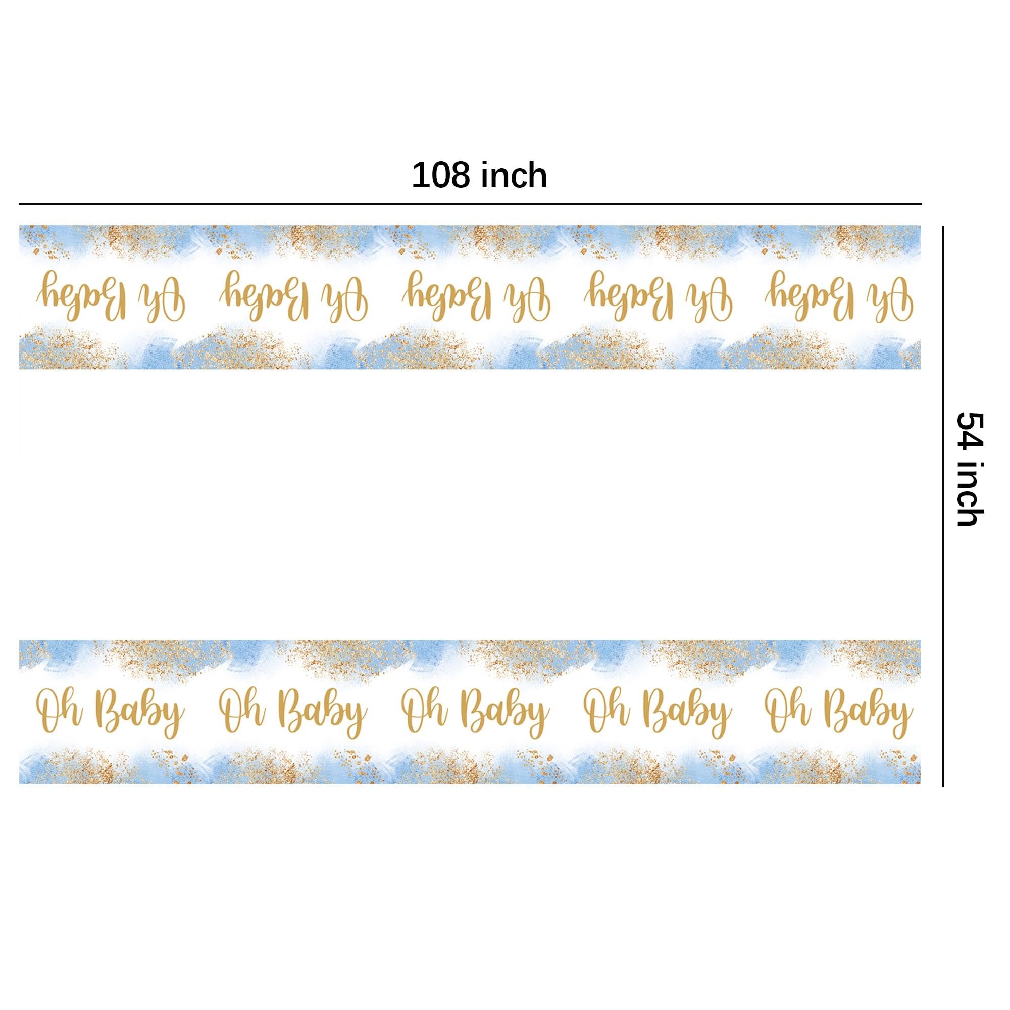 Dusty blue and gold glitter baby shower tablecloth with 'Oh Baby' text, showing dimensions 108 inches and 54 inches.