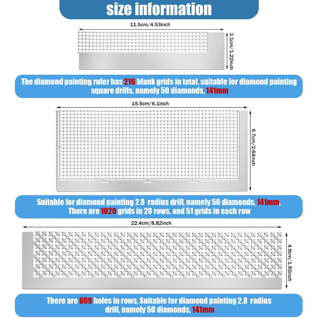 Diamond painting rulers showing size information and grid counts for different ruler sizes.