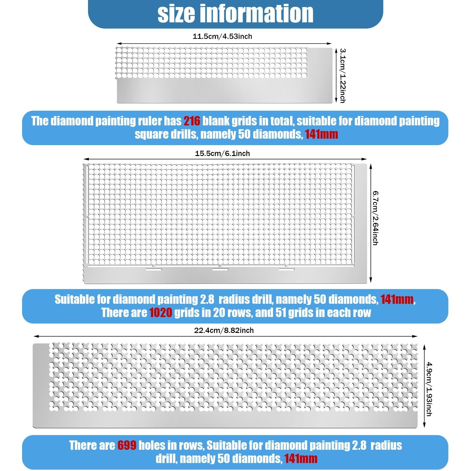 Diamond painting rulers showing size information and grid counts for different ruler sizes.