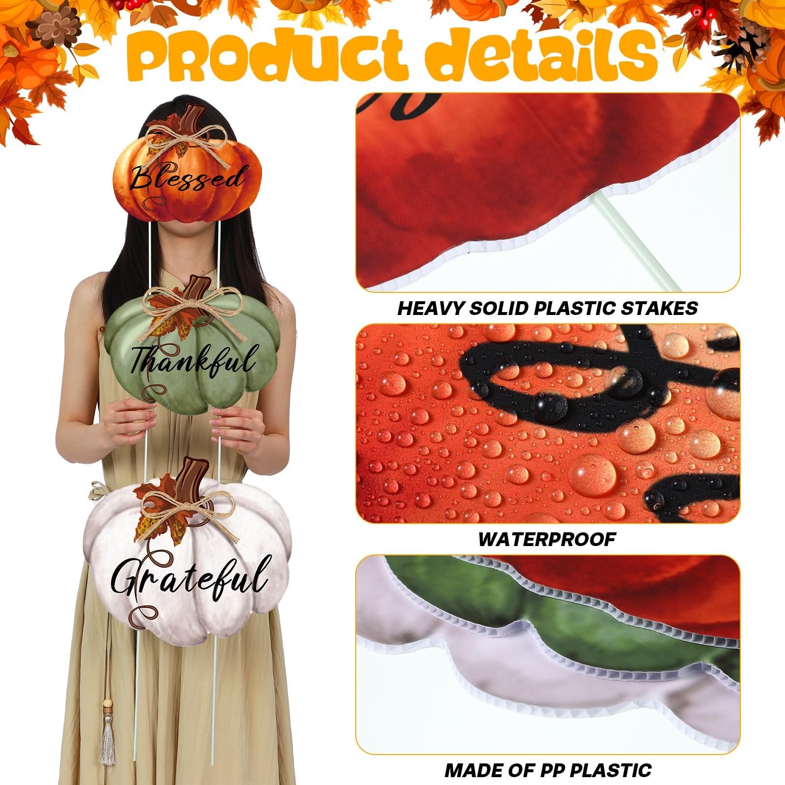 Woman holding three stackable pumpkin yard stakes with words Blessed, Thankful, and Grateful. Close-ups show stakes, waterproof surface, and material.