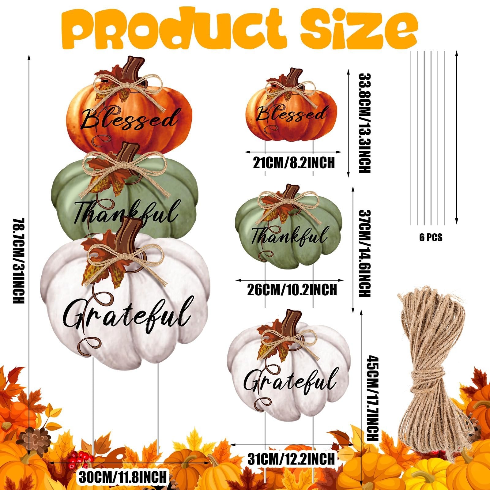 Thanksgiving pumpkin yard stakes showing stacked pumpkins with words Blessed, Thankful, Grateful, with size dimensions and twine bundle.