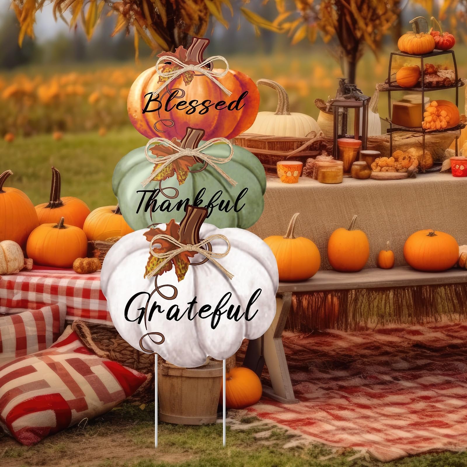 Stackable Thanksgiving pumpkin yard stakes with 'Blessed', 'Thankful', and 'Grateful' text, set against an autumn harvest background.
