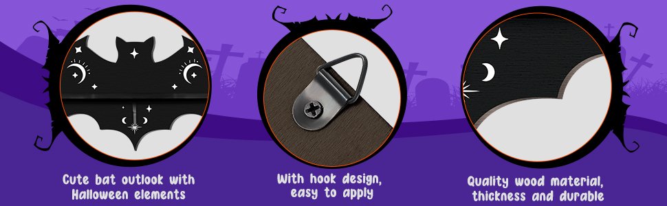 Three circular insets showing details of a black wooden bat wall shelf with Halloween-themed celestial designs and a metal hanging hook.