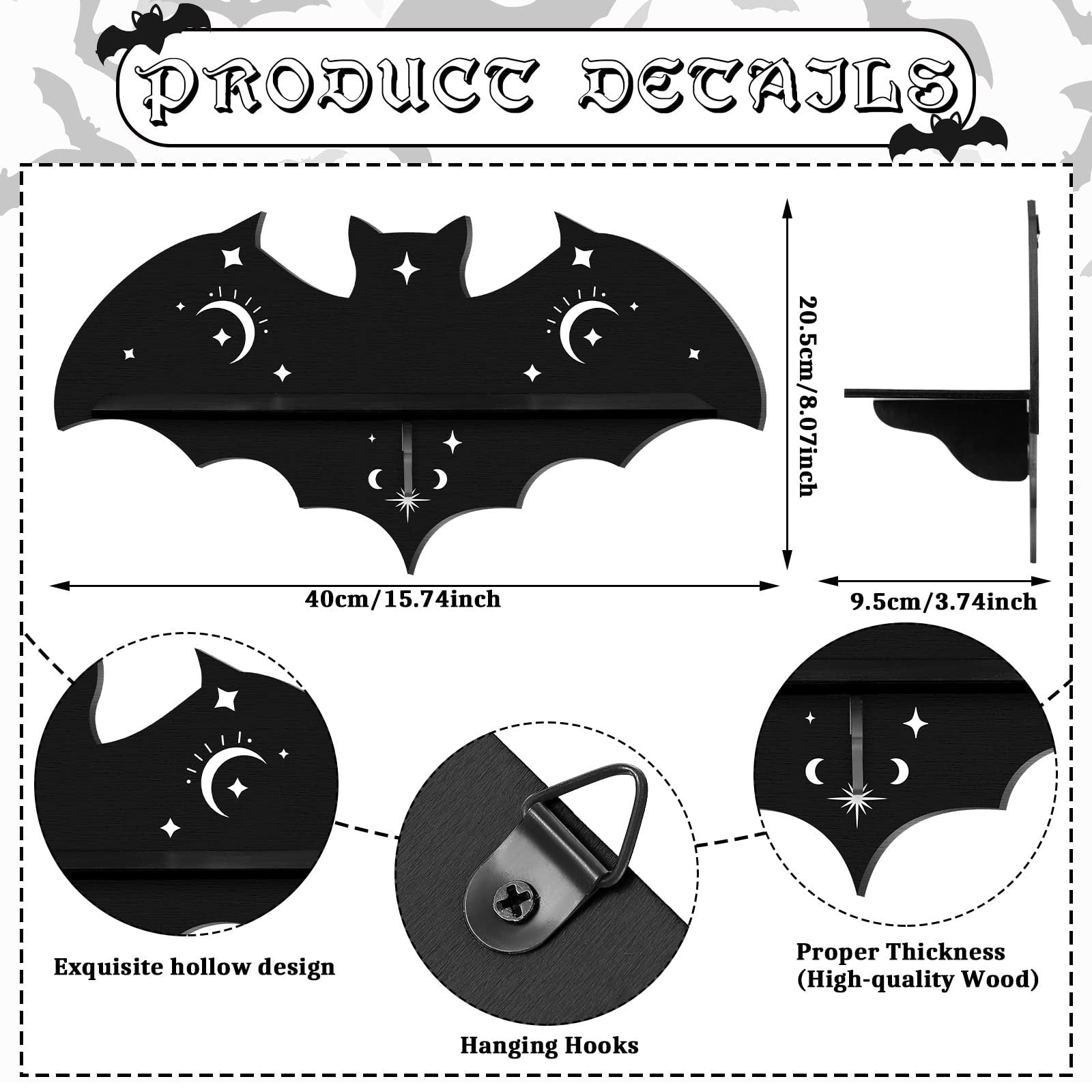Black wooden bat wall shelf set with moon and star details, showing dimensions and hanging hardware.