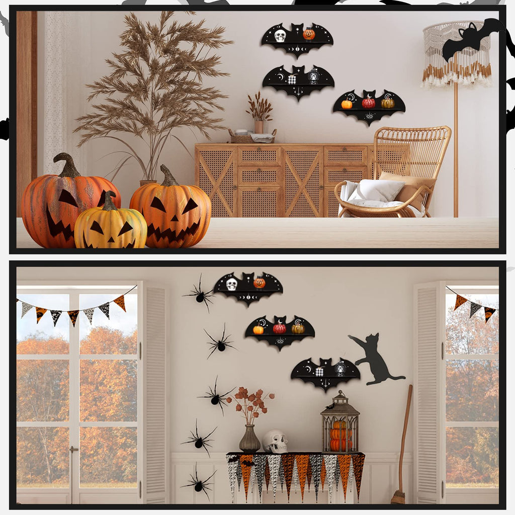Halloween bat-shaped shelves with decorative items displayed in a room setting with pumpkins and a chair.
