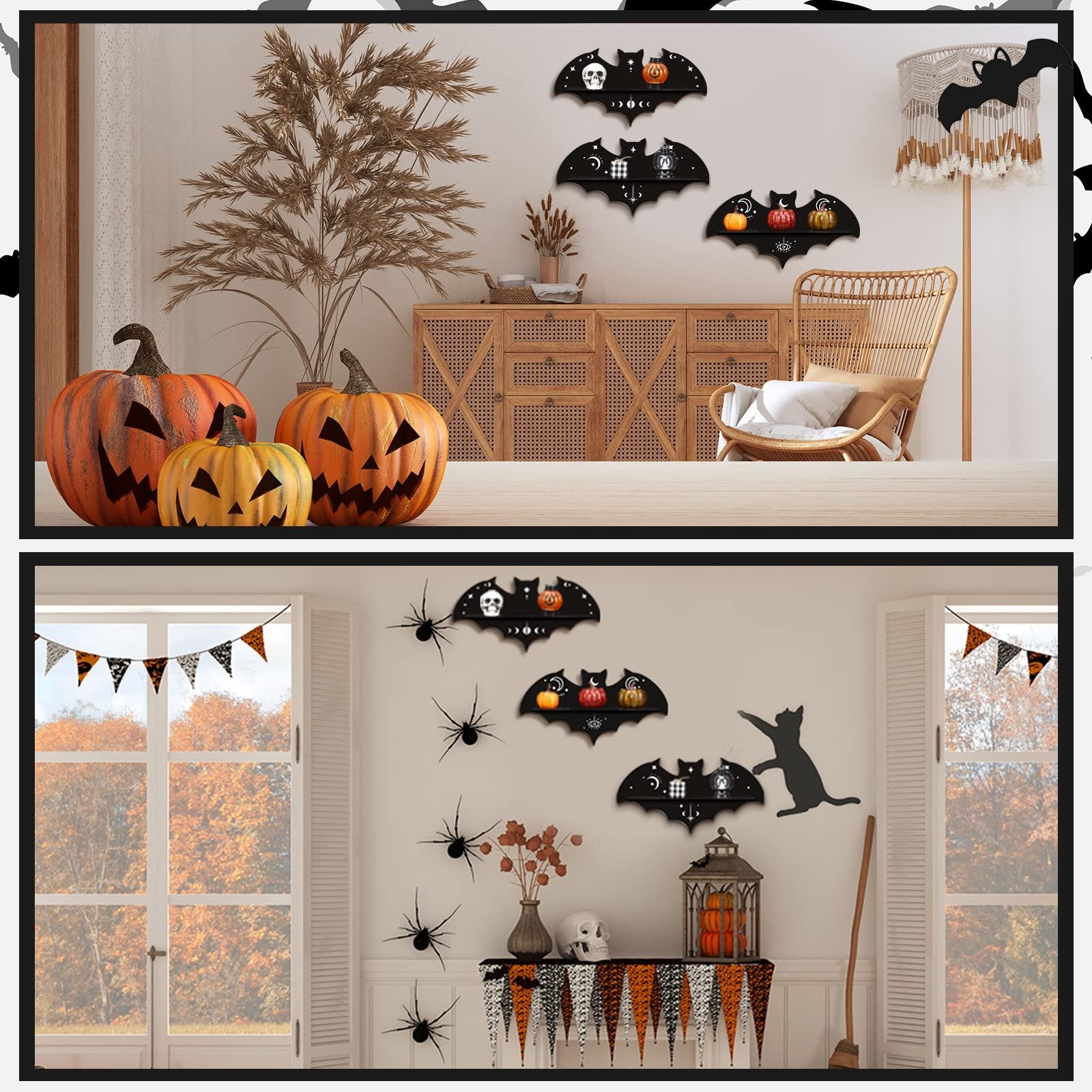 Halloween bat-shaped shelves with decorative items displayed in a room setting with pumpkins and a chair.